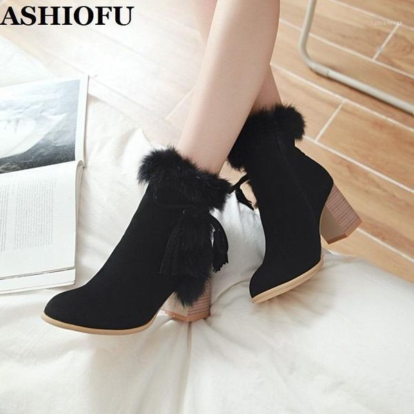 

ashiofu new handmade women's 7cm chunky heels boots manmade-fur party prom ankle booties winter warm evening fashion short boots1, Black