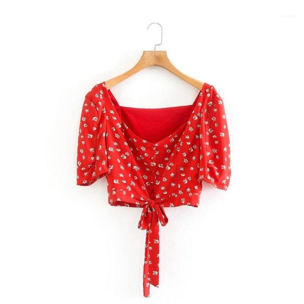 

new 2020 women square collar flower print hem bow tied red blouse ladies short sleeve casual slim shirts chic blusas ls66711, White