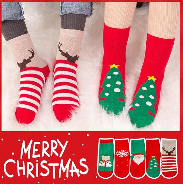 1–8 Jahre Winter-Frottee-Socken für Kinder, rote Weihnachtssocken, niedliche Cartoon-Elch-Hirsch-Socken, Baumwolle, warm halten, weiche Socken für Babys, Mädchen und Jungen