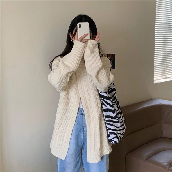 

high-neck linen pattern split long-sleeved sweater, White
