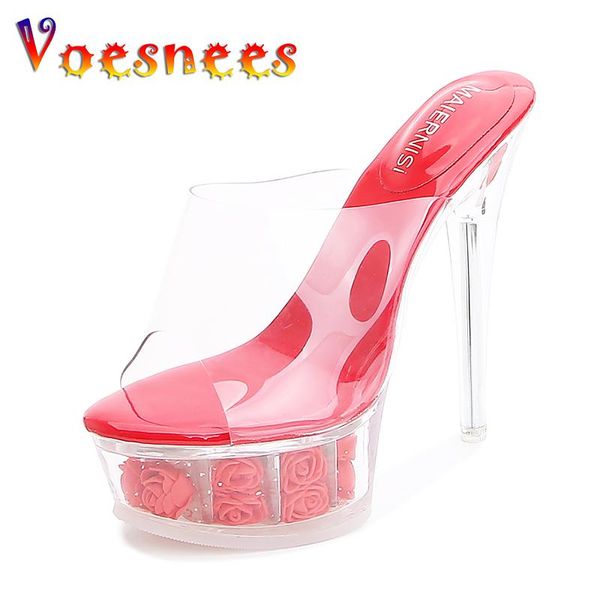 

slippers voesnees wedding shoes crystal women high heels flower platform catwalk transparent thin heels14cm sandals, Black