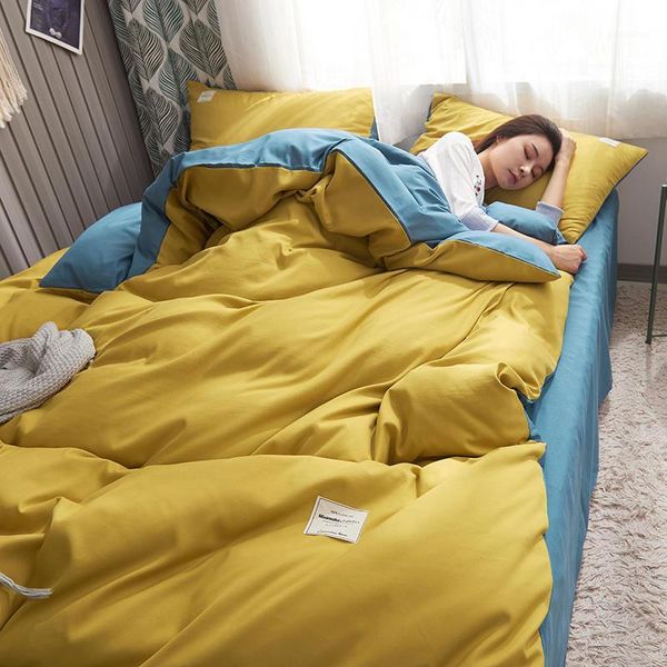 

yellow blue polyester cotton bedding set  size bed linen king bedclothes set duvet cover fitted sheet sets double bedding1