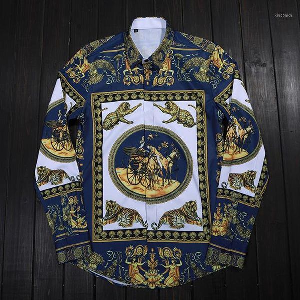 

luxury retro printed shirt men brand quality long sleeve slim casual business male dress shirts plus size 4xl camisas1, White;black