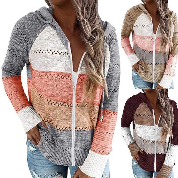 

women hooded patchwork vintage sweater cardigan with zipper thin soft loose knitted hollow out autumn knitwear outwear, White;black