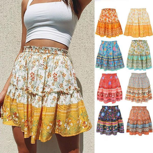 

womens skirt bohemian national style ruffled printed skirt midi skirt women streetwear 2020 summer new above knee mini, Black