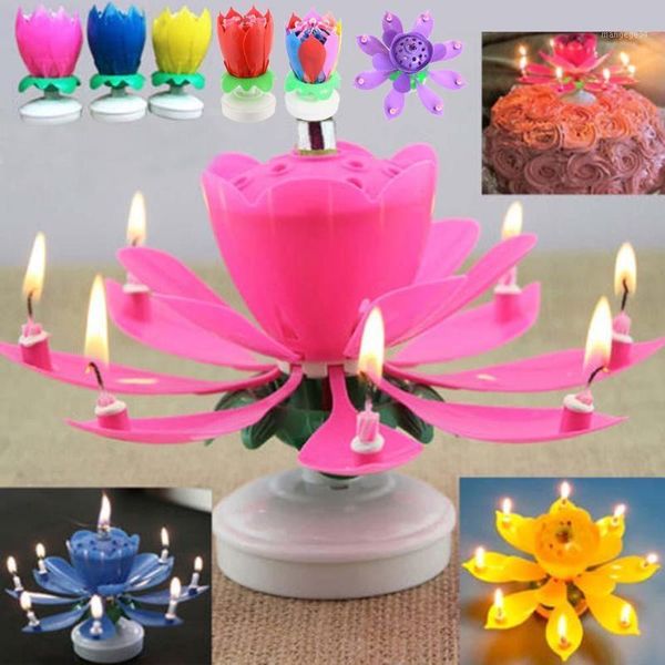 

1pc beautiful blossom lotus flower candle birthday party cake music cake er rotating candles decoration1