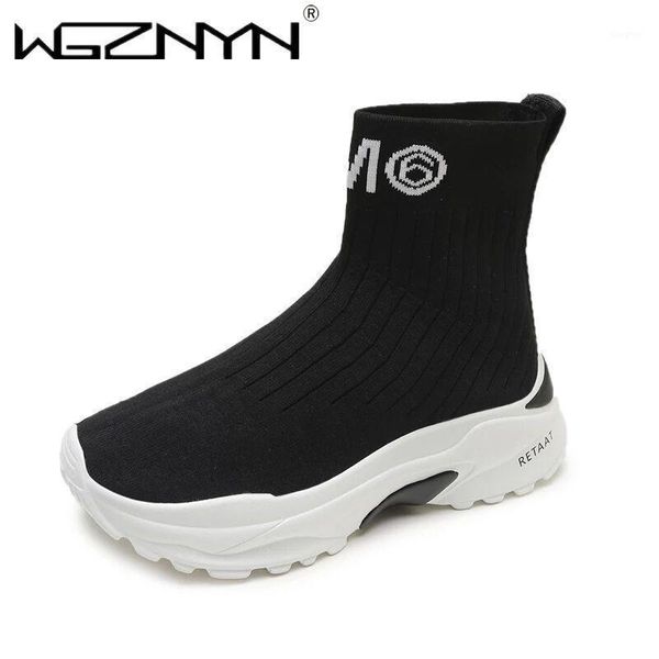 

boots wgznyn 2021 autumn breathable ankle women socks shoes female sneakers casual elasticity wedge platform soft sole1, Black