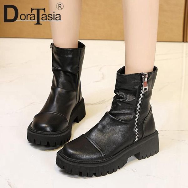 

boots doratasia brand female ankle 2021 autumn concise women round toe platform chunky heels zip pleated shoes woman, Black