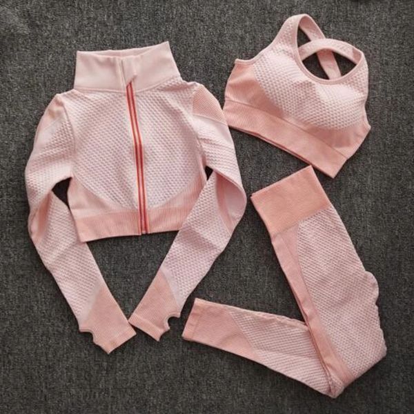 

women seamless yoga sets fitness sports suits gym bra2021 long sleeves zippered shirts high waist leggings workout yoga clothing, Gray