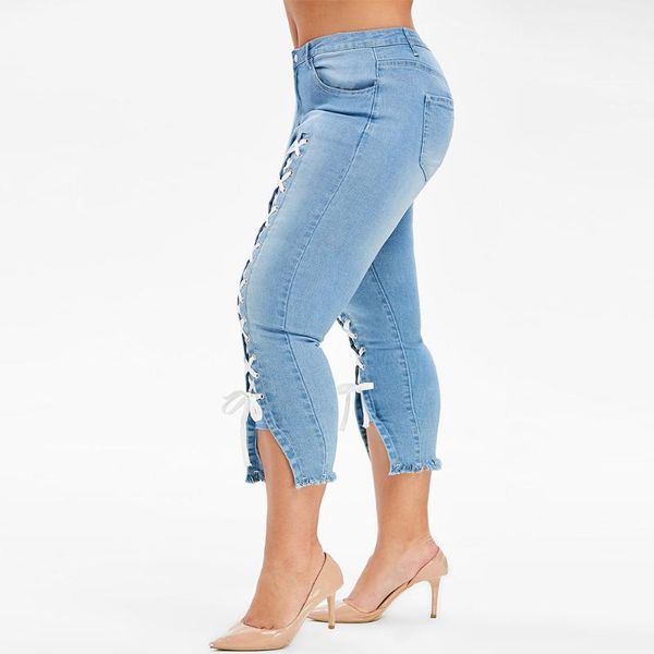 

rosegal plus size lace up capri frayed jeans women frayed zipper cropped jeans skinny high waist pencil pants streetwear1, Blue