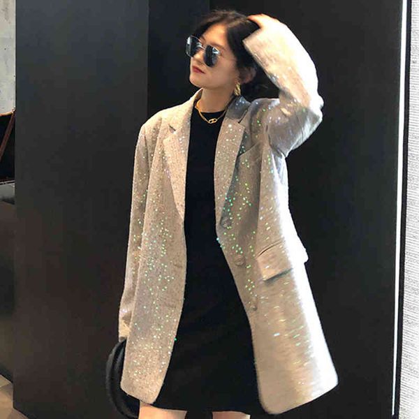 

women's suits & blazers [eam] women green blingbling sequins big size blazer lapel long sleeve loose fit jacket fashion spring autumn 2, White;black