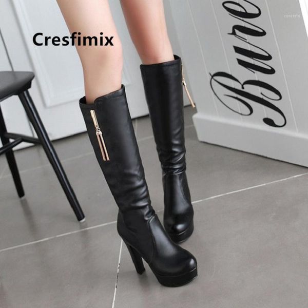 

cresfimix botas femininas women cute sweet black pu leather long boots female autumn white boots autumn beige winter c60221