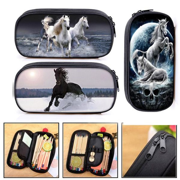 

black and white horse cosmetic boxes pencil bag children pencil-box girls boys high-capacity cool pencil bags