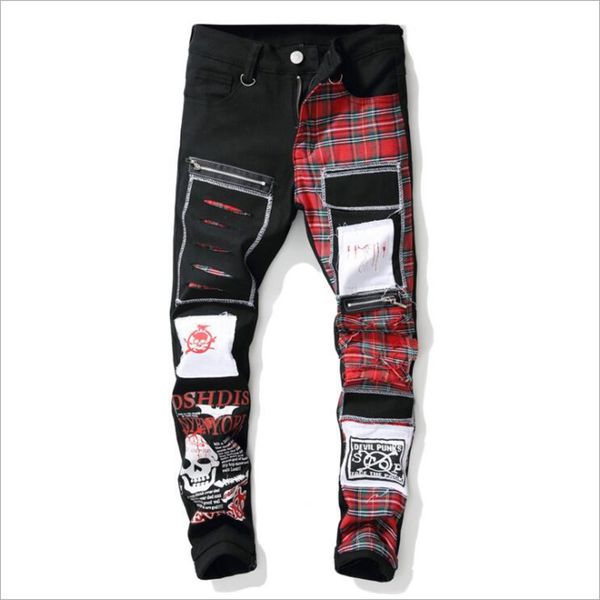

nagri 2020 new men's skull printed scottish plaid patchwork jeans trendy patches design black ripped distressed denim long pants q1216, Blue