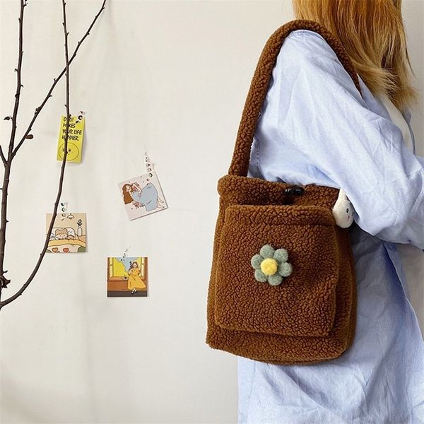 

fashion solid plush flower shoulder handbags cute women rabbit pendant pin large capacity shopping totes satchel