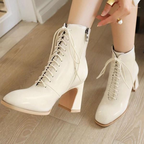 

boots fanyuan women ankle thick high heel cross strap zipper shoes round toe warm fashion party footwear size 34-431, Black