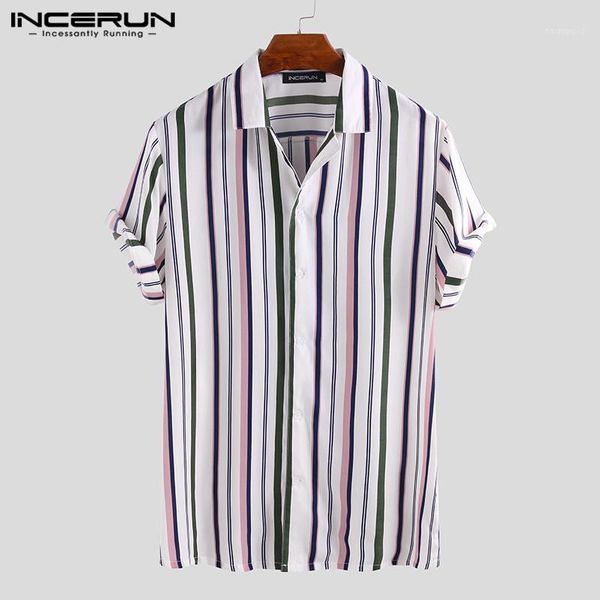 

men striped shirts short sleeve lapel neck dress shirts incerun man button up blusas fashion breathable camisa streetwear s-5xl1, White;black