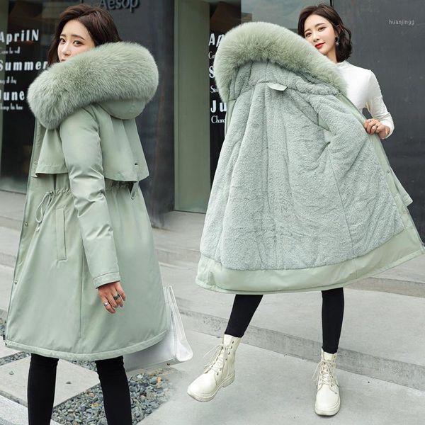 

women fleece liner parka fashion winter fur collar long jacket female plus size clothing female thick coat outwear snow wear1, Black