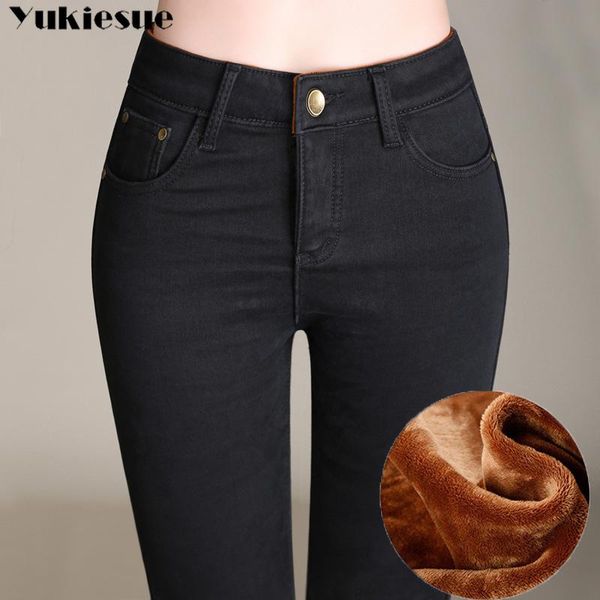 

women's jeans high waist winter for women warm thick woman velvet denim pants mom female jean femme skinny, Blue