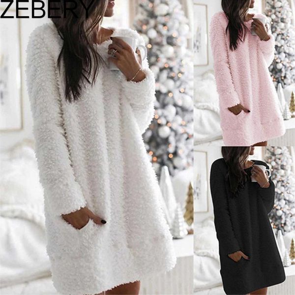 

zebery autumn dress women fashion vintage winter sweater round neck cotton-blend casual plush dresses dress 2021 new ropa mujer, Black;gray