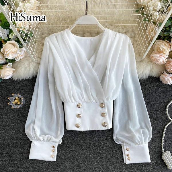 

2020 autumn new female v-neck lantern sleeve double breasted slim chiffon shirt women's solid lace-up blouse women shirts, White