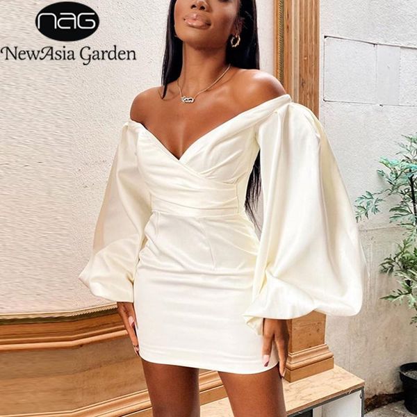 

newasia off shoulder dress lantern sleeve 2 layers white high waist bodycon dresses backless vestidos women mini robe 2021, Black;gray