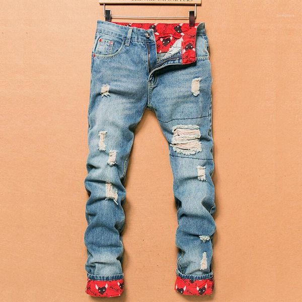 Herren-Jeans im Großhandel – 2021 Frühling und Herbst, zerrissene Jeans, hochwertige, solide Loch-Straight-Hosen, lässige Slim-Fit-Denim-Hose, 1