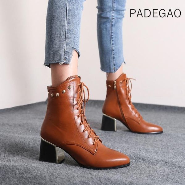 

fashion vintage women boots 2020 winter lace up rivet boots point toe square heels women shoes1, Black