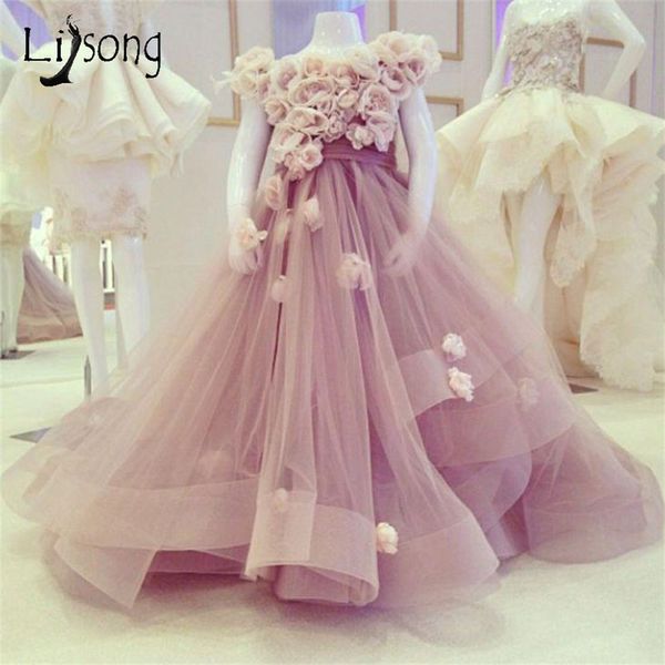 Blush Rosa 3D Flower Pageant Vestidos para meninas inchado Organza Ruffles Long Flor Menina Vestidos Crianças Comunhão Vestidos Bola Vestidos