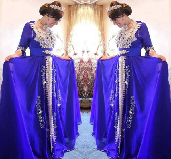 Elegante Royal Blue Marroquino Kaftan Vestidos de Noite Formal Com Mangas 2021 Aplicações Rendas Pérolas Beads Médio Oriente Prometo Vestidos De Party