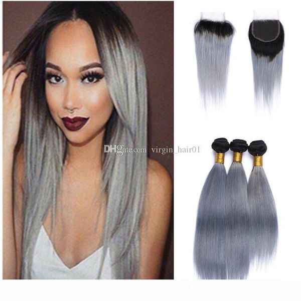 

1b grey ombre bundles with closure black to grey ombre straight hair bundles with lace closure two tone ombre gray hair weaves, Black;brown