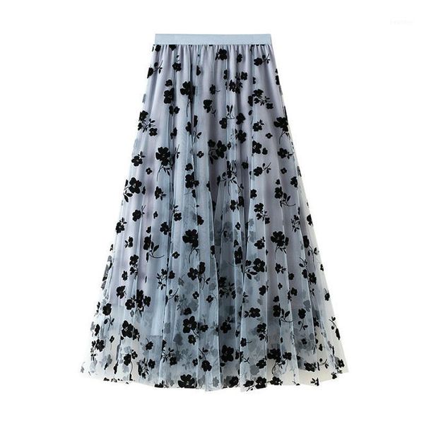 

perhaps u black beige blue mesh mid-calf skirt empire summer casual floral solid s02661