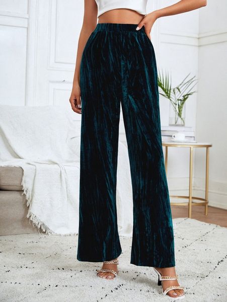 

elastic waist velvet wide leg pants p4zo#, Black;white