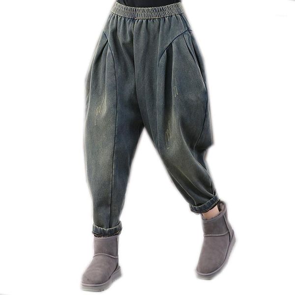 

womens jeans denim pants fleeced thick for autumn winter big loose large oversize jogger boyfriends retro casual a110914301, Blue