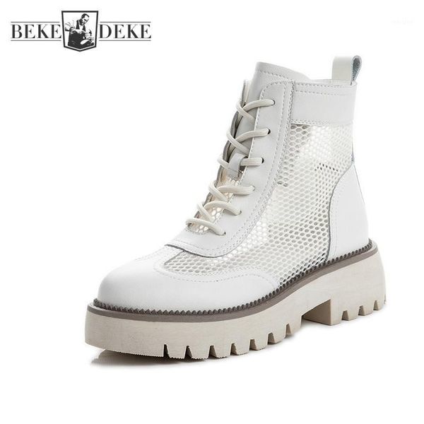 

boots summer breathable mesh women patchwork lace up round toe high heel leather shoes fashion female ankle length work boots1, Black