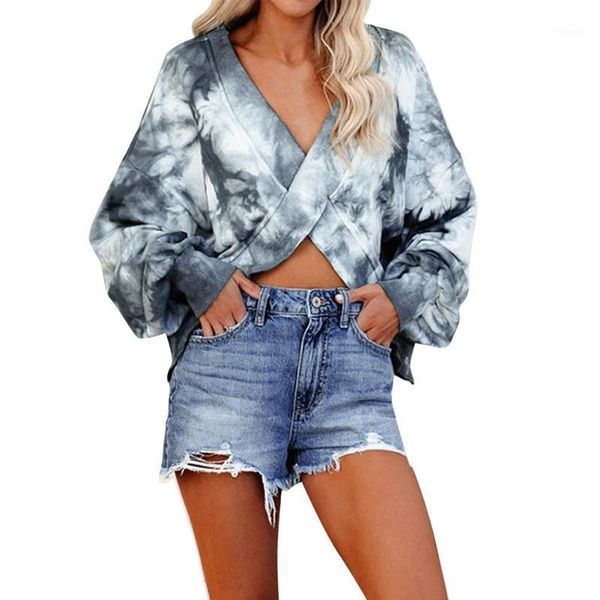 

women navy blue printed blouse casual long sleeve deep v-neck loose pullover two ways to wear shirts s-xl1, White