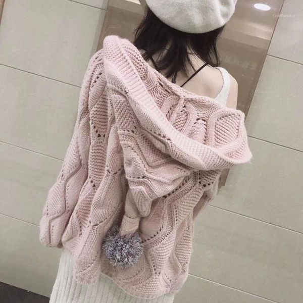 

autumn winter fashion korean loose knitted cardigan women thin hair ball hat wild jacket sweater female 2020 knit coats pink1, White