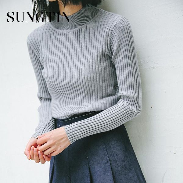 

sungtin knitted pullovers women basic casual long sleeve ribbed sweaters slim o neck solid warm jumper soft korean female chic, White;black