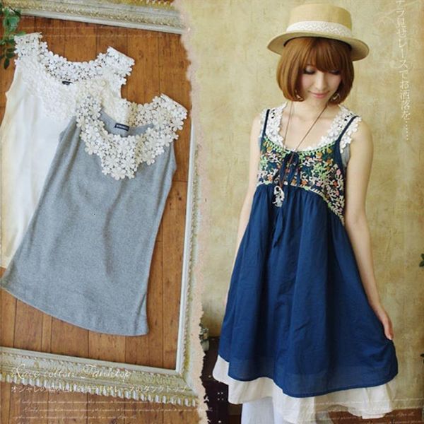 

japanese summer mori girl vest tank women cute daisy lace petal hollow sleeveless cotton bottoming female kawaii tees t206, White