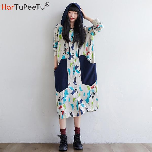 

trench coat long dress women 2020 autumn lace up hooded jacket cotton linen colour block plus size loose casual with big pockets, Tan;black