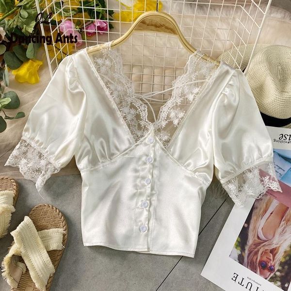 

women shirts v-neck short sleeve lace patchwork french slim 2021 summer new female elegant single breasted blouse1, White