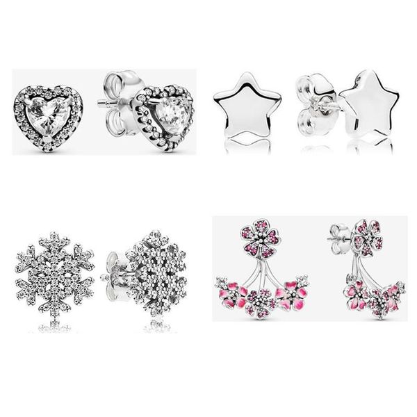 

new exquisite pentagram and heart with crystal snowflake 925 sterling silver pan earrings for women europe diyjewelry, Golden;silver