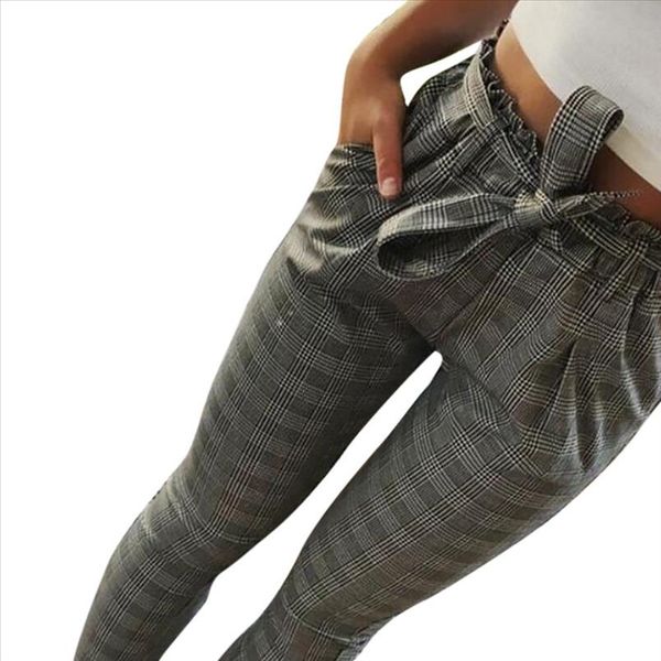 

2020 fashion vintage gray grid casual pants women spring bowtie high waist pants female streetwear summer capris trousers lr1, Black;white