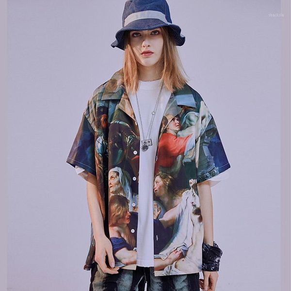 

original retro oil painting portrait shirt harajuku oversize short sleeve summer shirts streetwear loose shirt men and women1, White;black