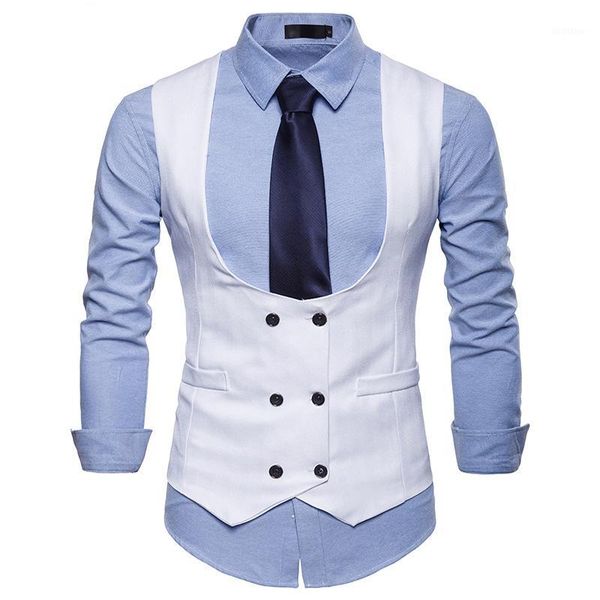 

new double breasted suit vest men u collar gilet homme 2018 brand slim fit sleeveless waistcoat mens casual white dress vests1, Black;white