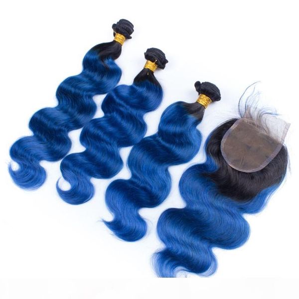

#1b blue ombre brazilian virgin human hair 3bundles with closure body wave ombre blue 4x4 lace front closure with virgin hair weave wefts, Black;brown