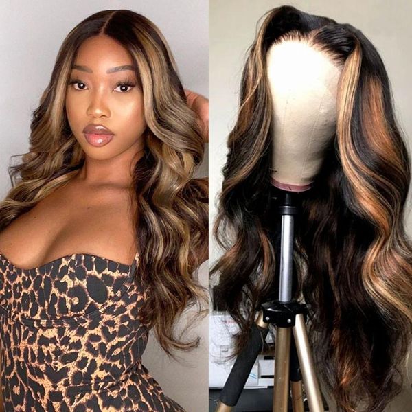 

baby hair 13x4 lace remi wig natural body wave highlighter wig brazil highlighter human hair honey blonde gradient, Black;brown