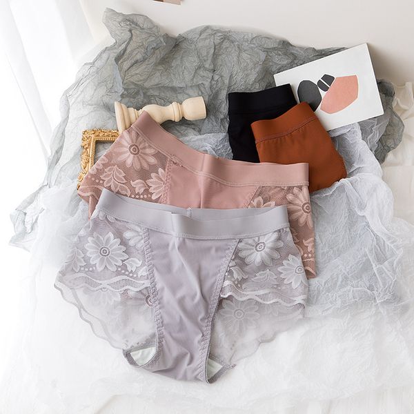 

lace women's mesh transparent mid waist briefs allure traceless antibacterial crotch underpants, Black;pink