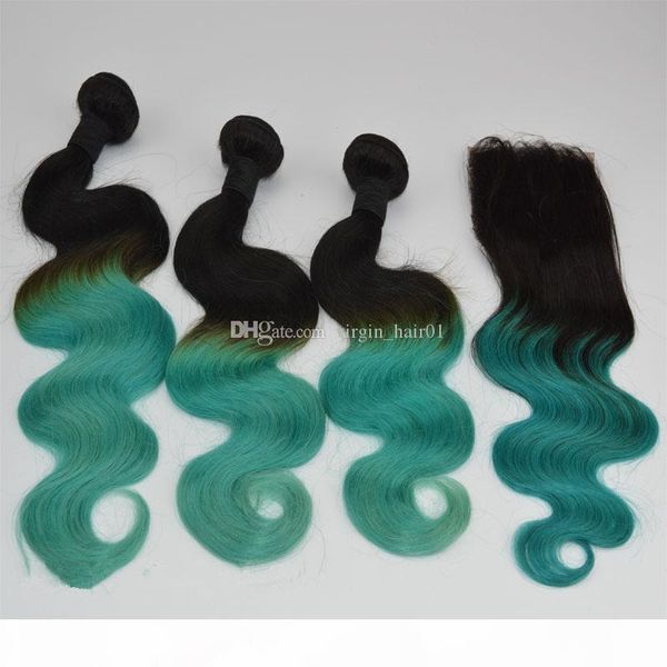 

ombre brazilian body wave hair weaves with closure t1b teal green two tone virgin remy human hair bundles lace closure 4pcs lot, Black;brown