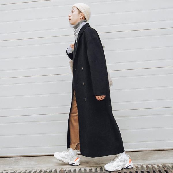 

men's wool & blends autumn and winter temperament long style over the knee show thin woolen coat korean version of, Black